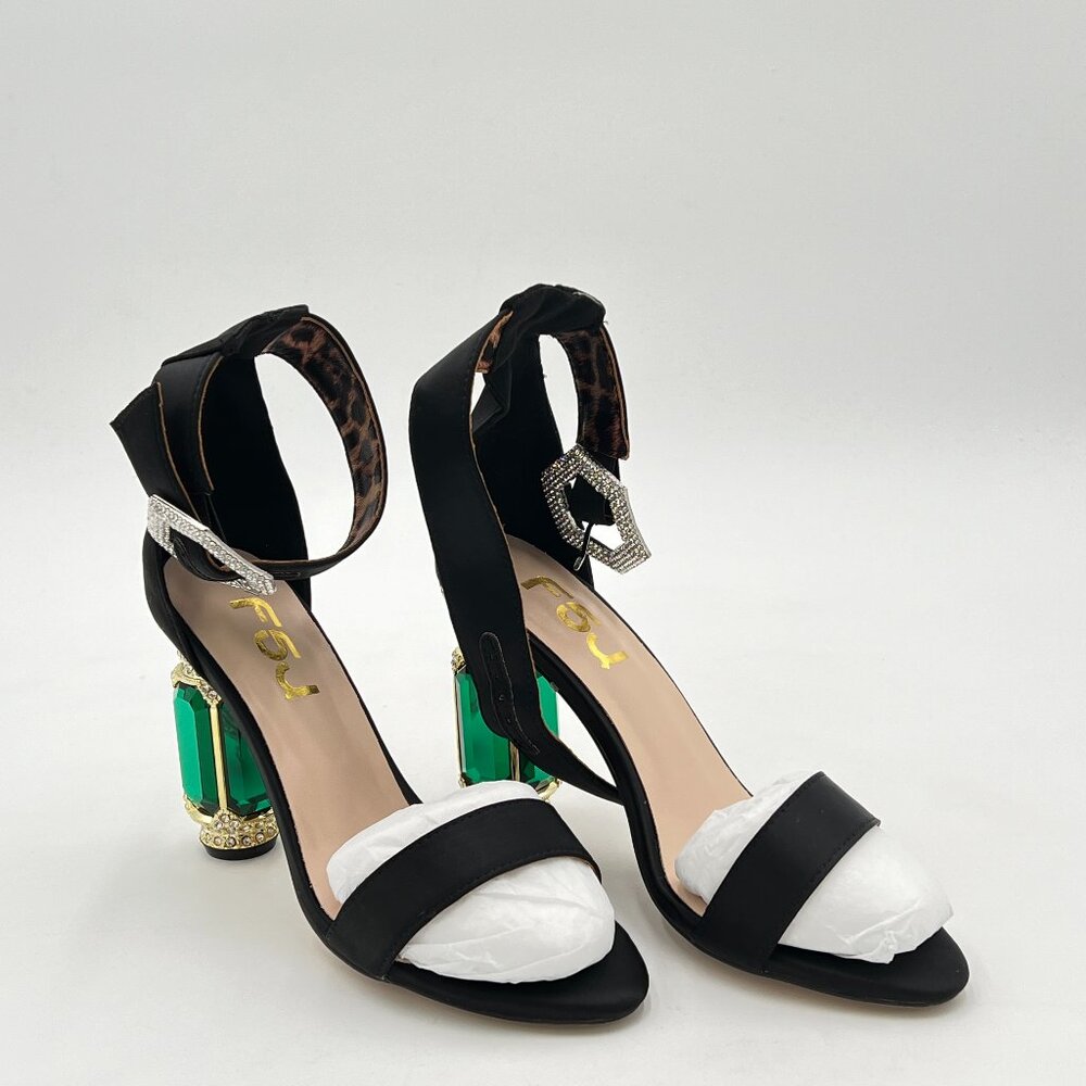 FSJ Women Open Toe Crystal Block Heels Sandals  Ankle Strap Buckle Chunky Thick
